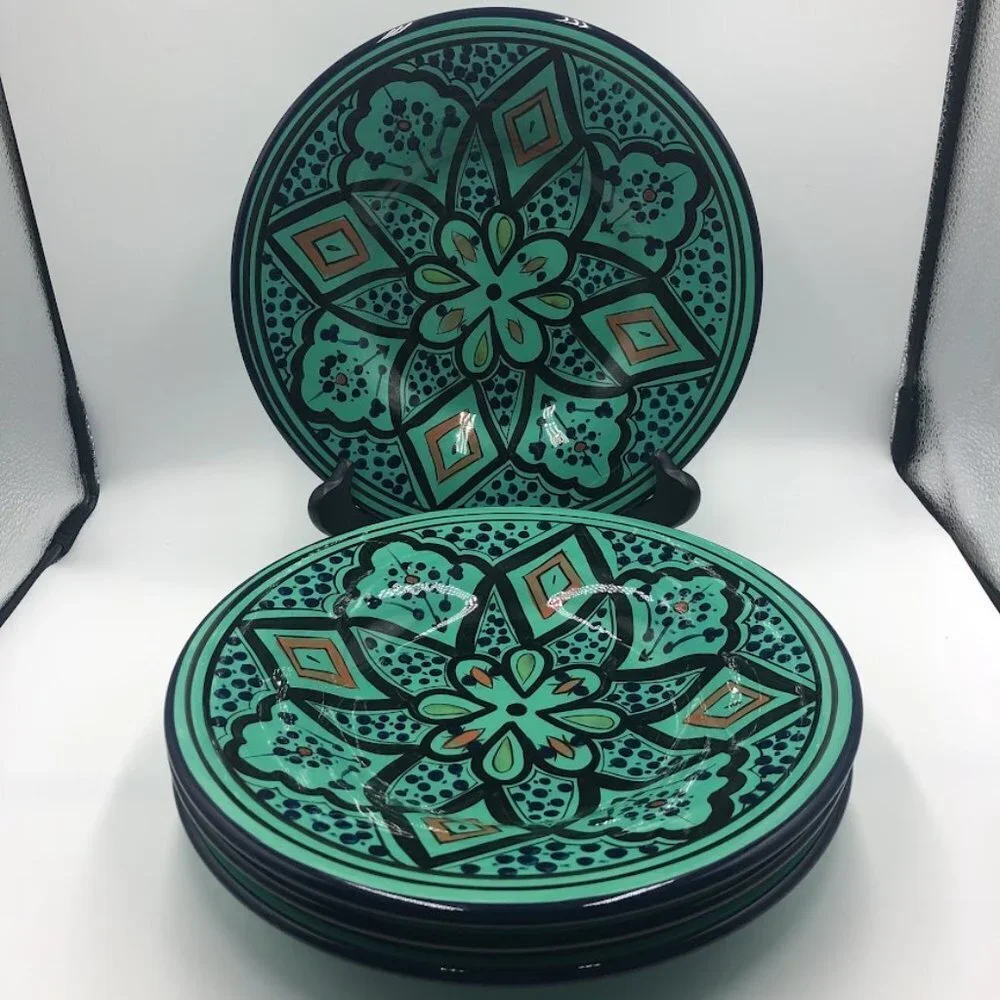 Pottery Barn Kasara Set of 4 Salad Plates Green Mosaic Porcelain Kaleidoscope